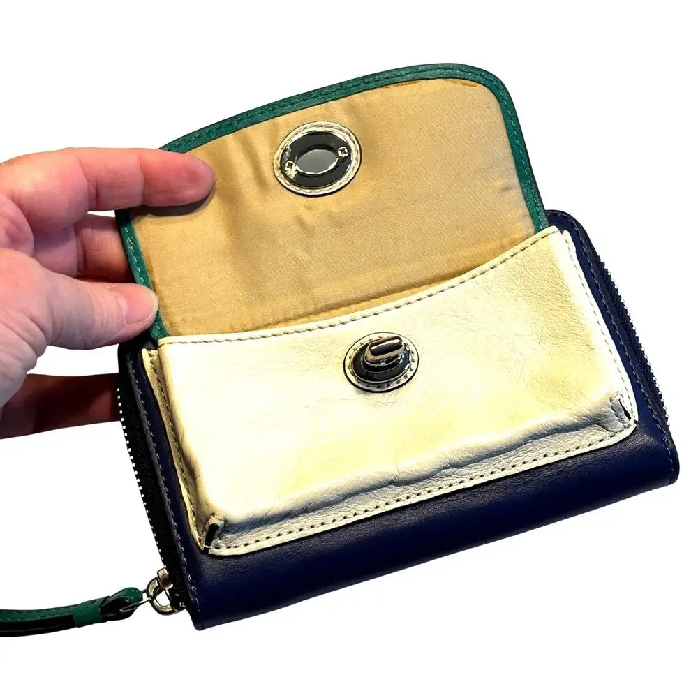 Vintage Coach leather color block blue green beige wristlet wallet clutch purse